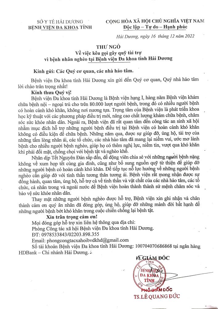 Thư ngỏ về việc kêu gọi gây quỹ tài trợ vì bệnh nhân nghèo tại Bệnh viện Đa khoa tỉnh Hải Dương